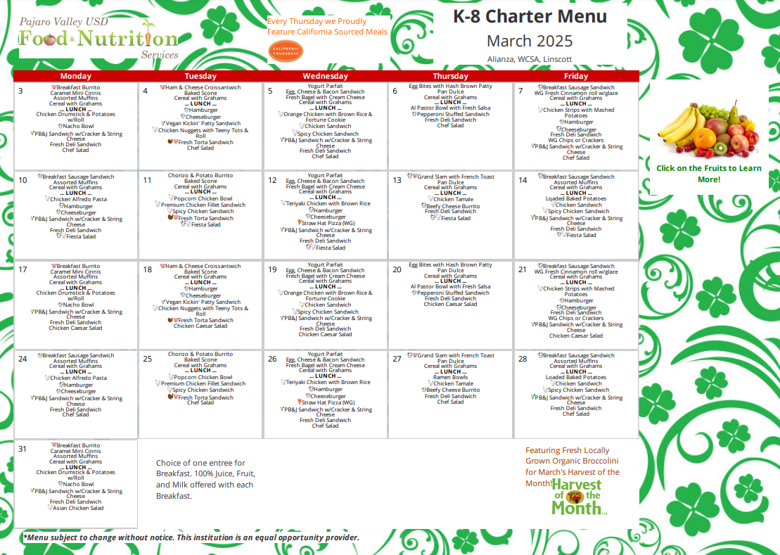 school menu for the month of December