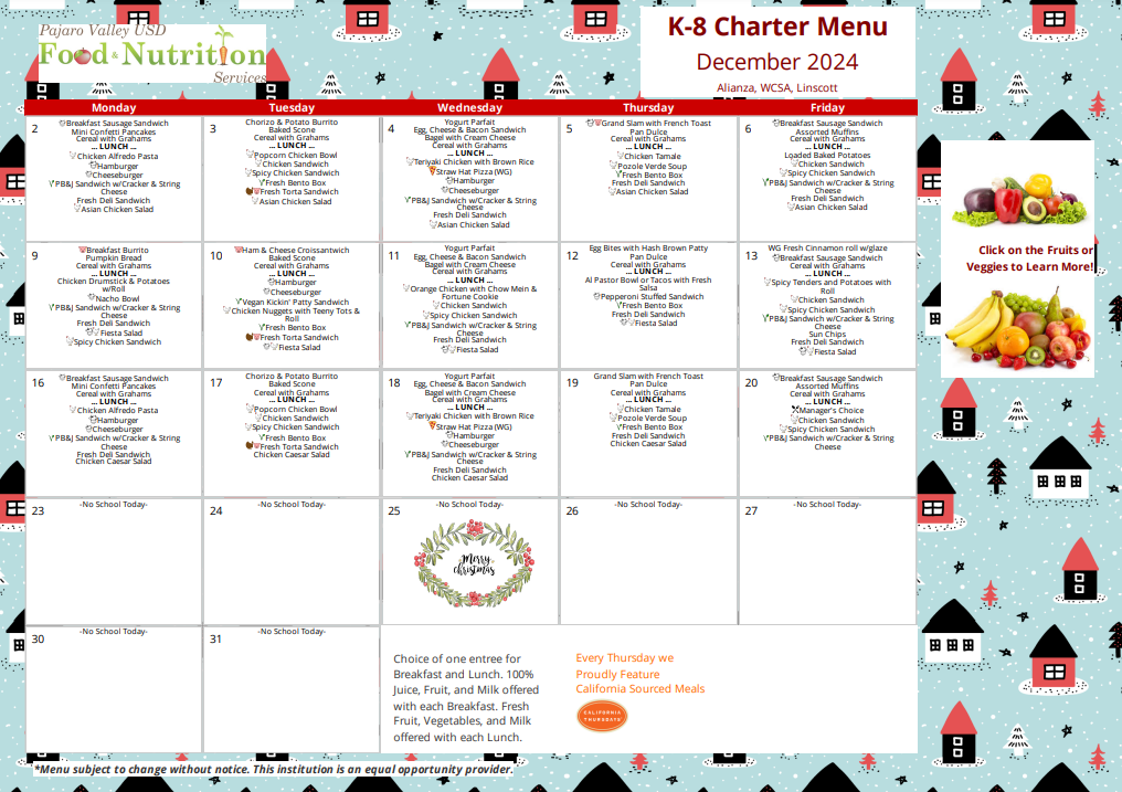 school menu for the month of December