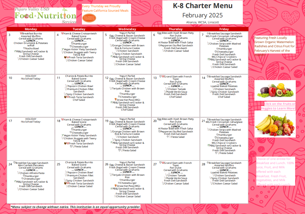 school menu for the month of December