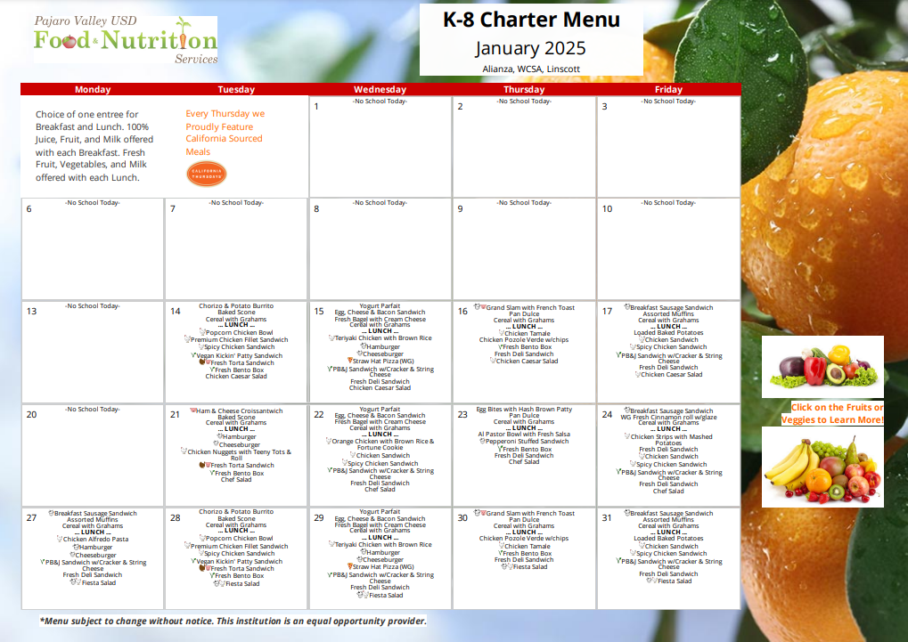 school menu for the month of December